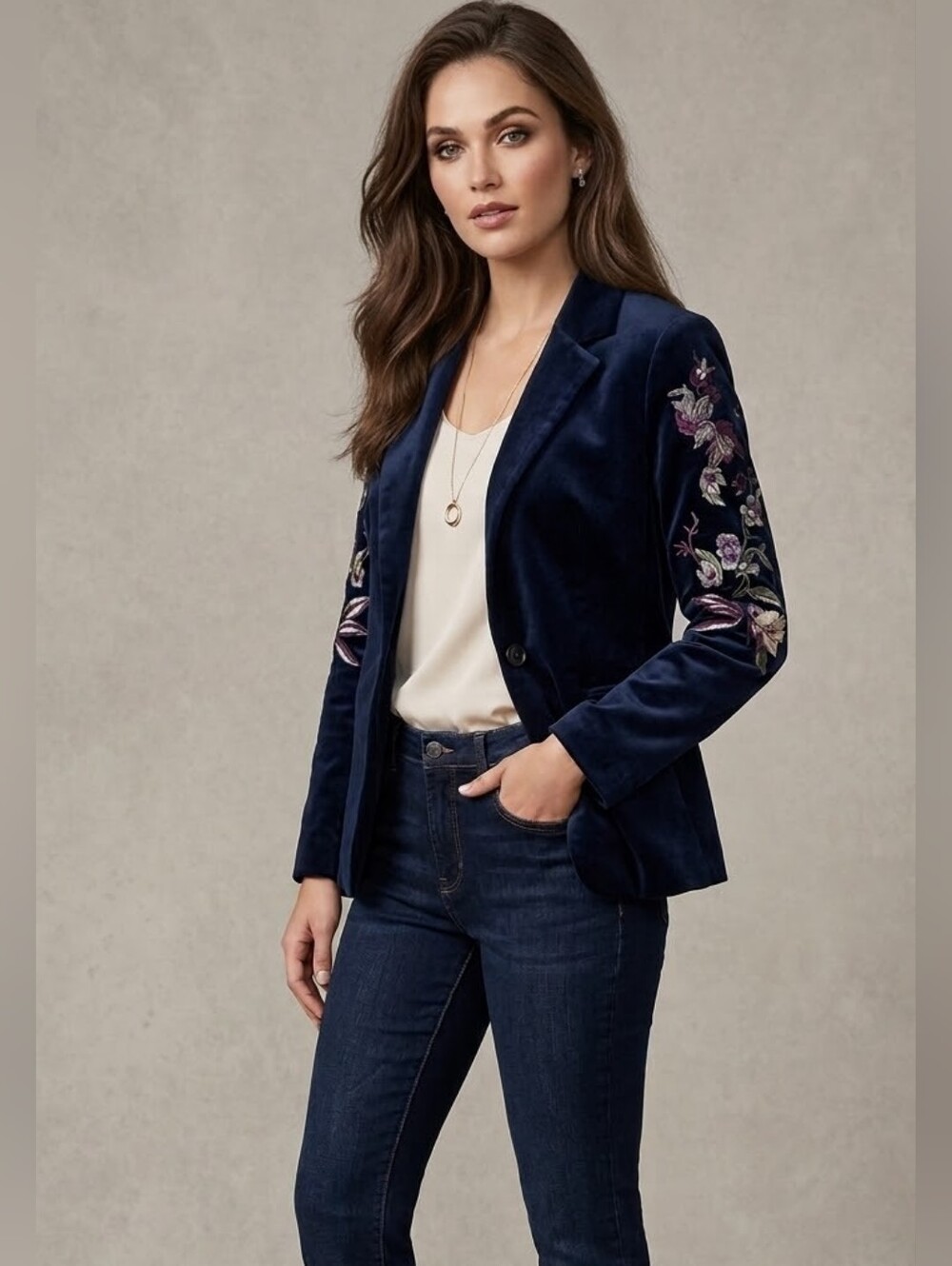 Gorgeous Dark Navy Blue Velvet Jacket with Floral Embroidery